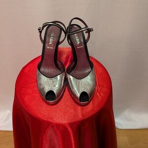 Prada Metallic Silver Open-Toe Slingback Heels